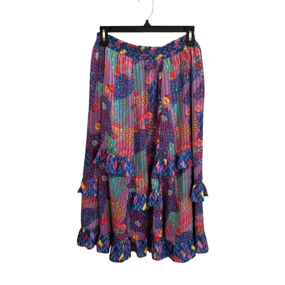 Vintage Diane Freis Clowncore Patchwork Tiered Midi Skirt Small